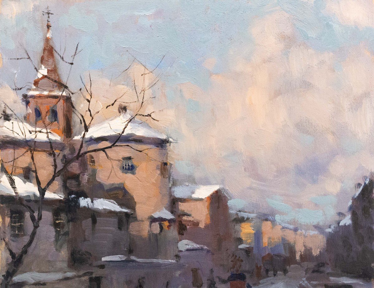 Ivan Karpoff, "Neige en ville", huile sur panneau, signée, époque 20e siècle-photo-1
