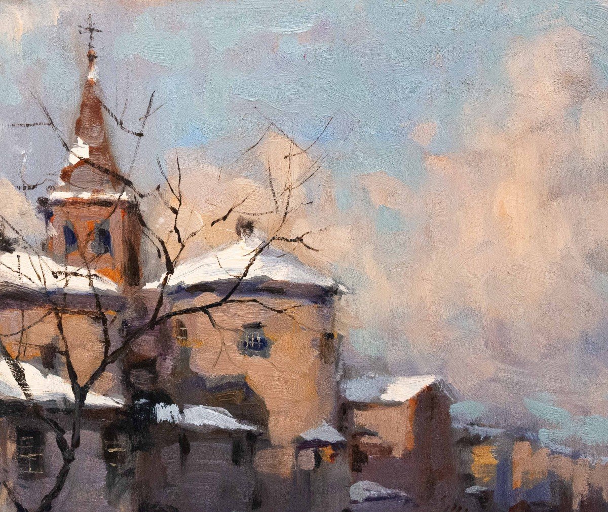 Ivan Karpoff, "Neige en ville", huile sur panneau, signée, époque 20e siècle-photo-4