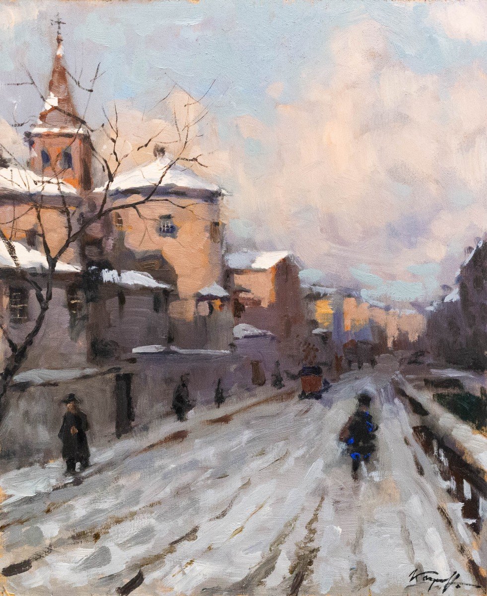 Ivan Karpoff, "Neige en ville", huile sur panneau, signée, époque 20e siècle