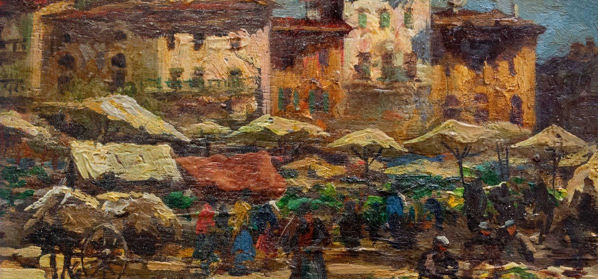Leonardo Roda, "market Scene," Oil On Panel, Signed, Early 20th Century-photo-3