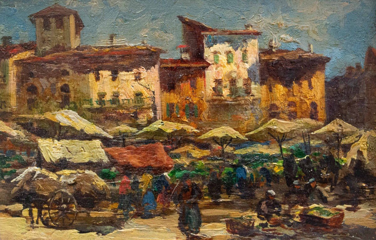 Leonardo Roda, "market Scene," Oil On Panel, Signed, Early 20th Century-photo-4