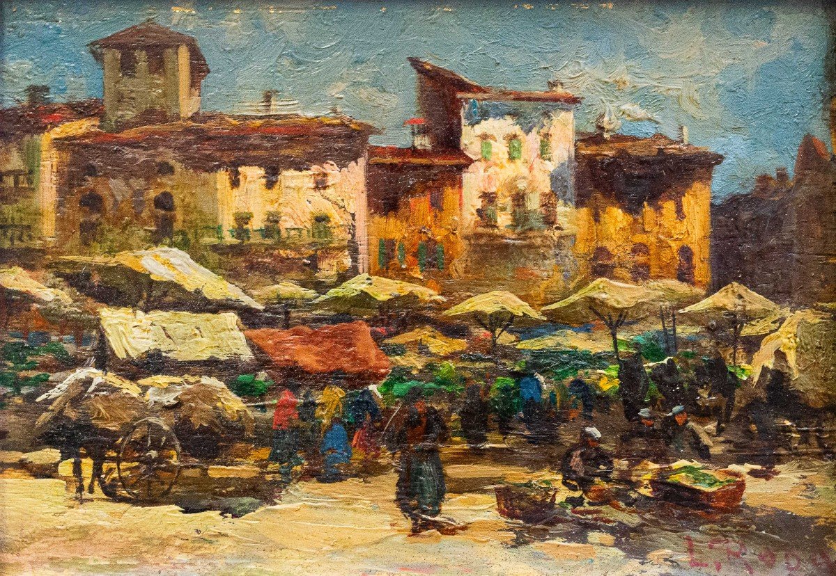 Leonardo Roda, "market Scene," Oil On Panel, Signed, Early 20th Century