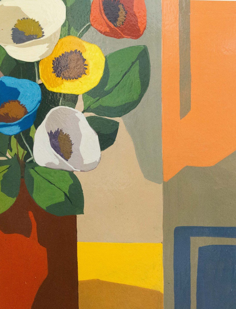 Roberto Masi, Oil On Plywood, "vase Of Flowers", Signed, 1900s-photo-2