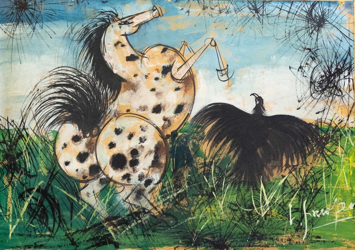 Luigi Spazzapan, "animals In Struggle," Tempera On Cardboard, First Half Of The 20th Century