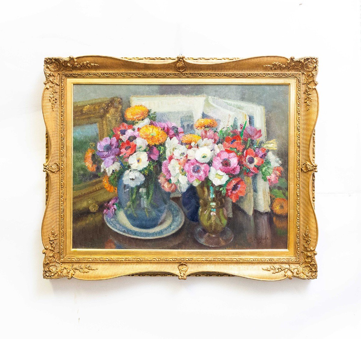 Giuseppe Sobrile, “vases Of Flowers,” Oil On Pressed Cardboard, Signed, 1952-photo-2