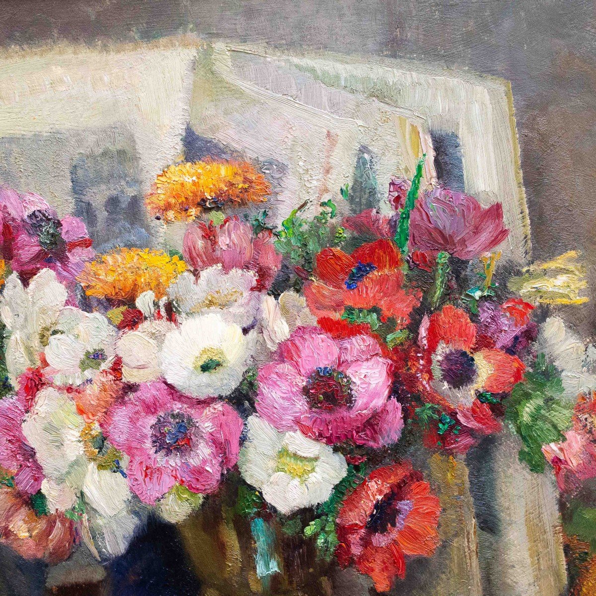 Giuseppe Sobrile, “vases Of Flowers,” Oil On Pressed Cardboard, Signed, 1952-photo-5