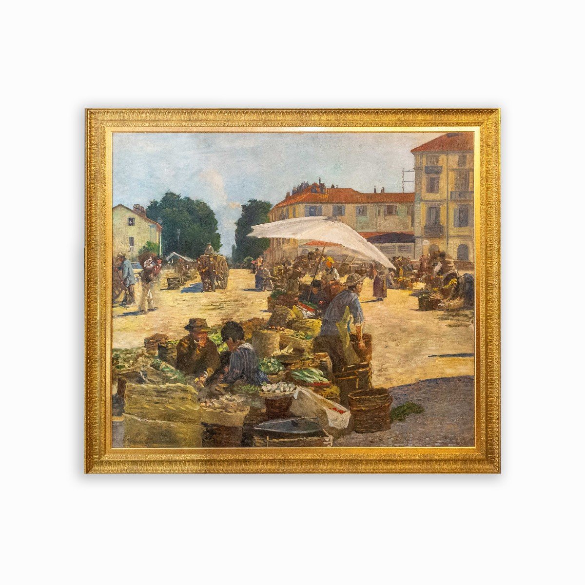 Grand Tableau De Pugliese Levi Clemente, 'mercato Di Porta Palazzo' - Turin, Signé, 1920-photo-2
