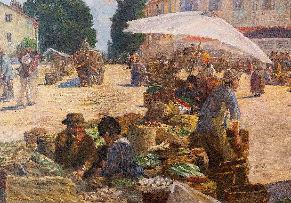 Grand Tableau De Pugliese Levi Clemente, 'mercato Di Porta Palazzo' - Turin, Signé, 1920-photo-3