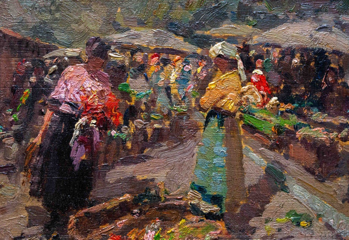 Oil On Panel, By Alessandro Lupo, “market In Turin,” Signed On The Back, 1915-photo-2