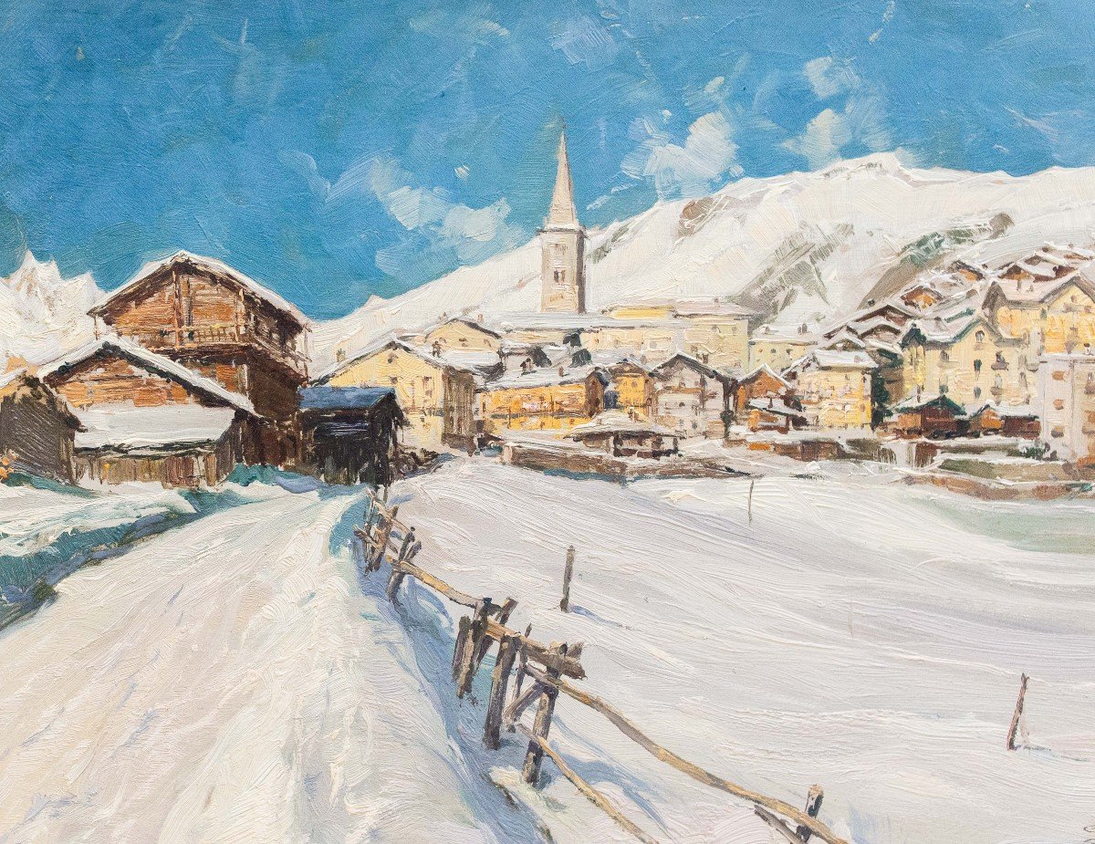 Giuseppe Gheduzzi, “snow In Valtournenche,” Oil On Panel, Signed, 1900s Era-photo-4