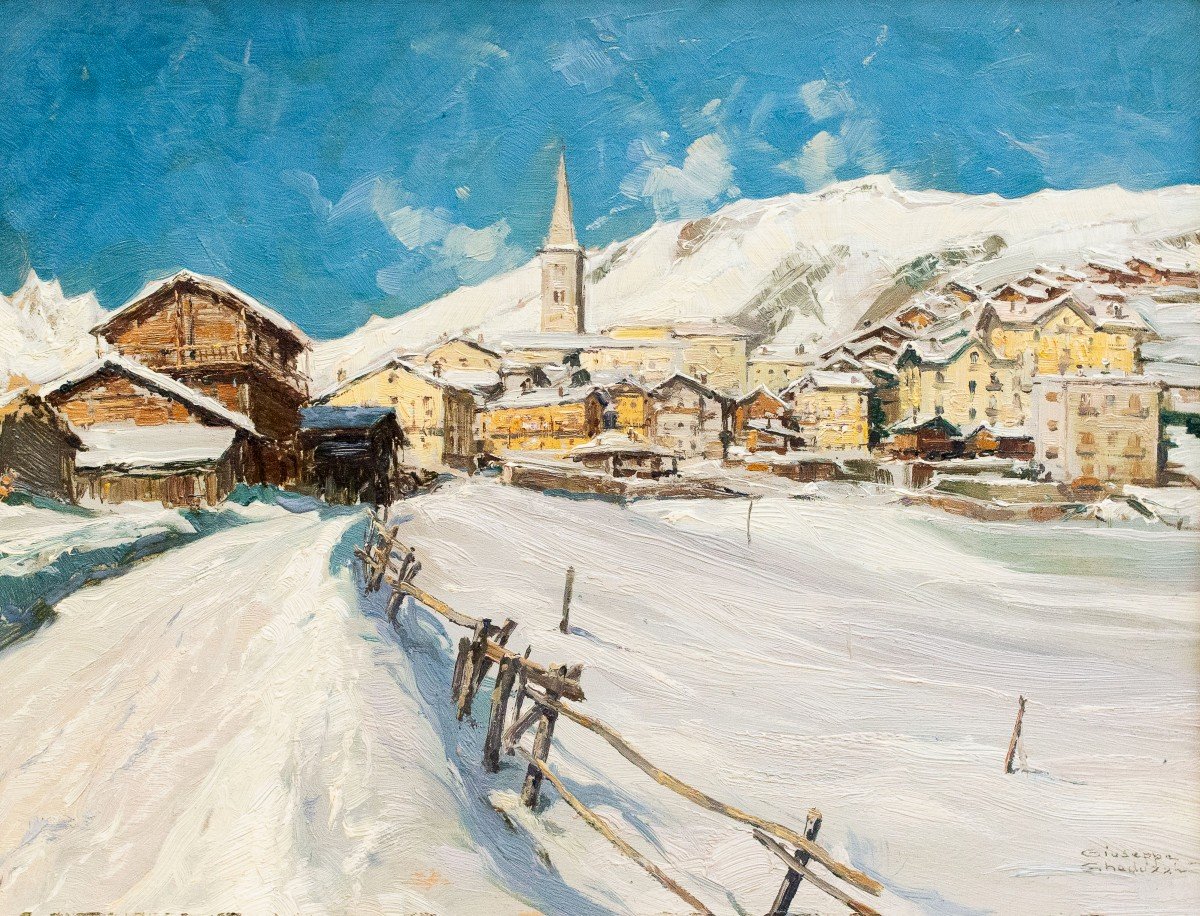 Giuseppe Gheduzzi, “snow In Valtournenche,” Oil On Panel, Signed, 1900s Era