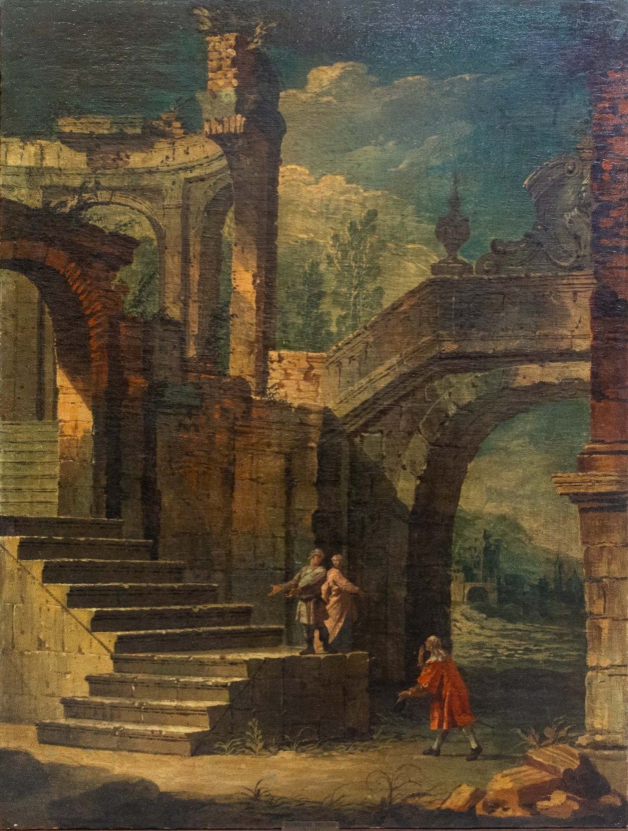 Bernardino Galliari, « Paysages Avec Figures », Huile Sur Toile, XVIIIe Siècle-photo-3