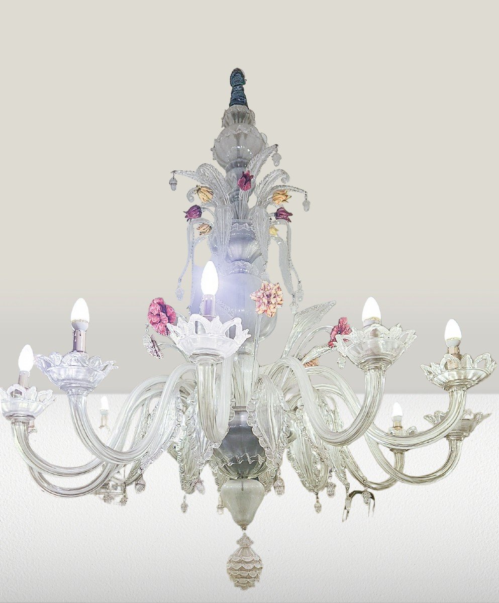 Grande Paire De Lustres En Verre De Murano Transparent Et Polychrome, Début Du XXe Siècle-photo-4