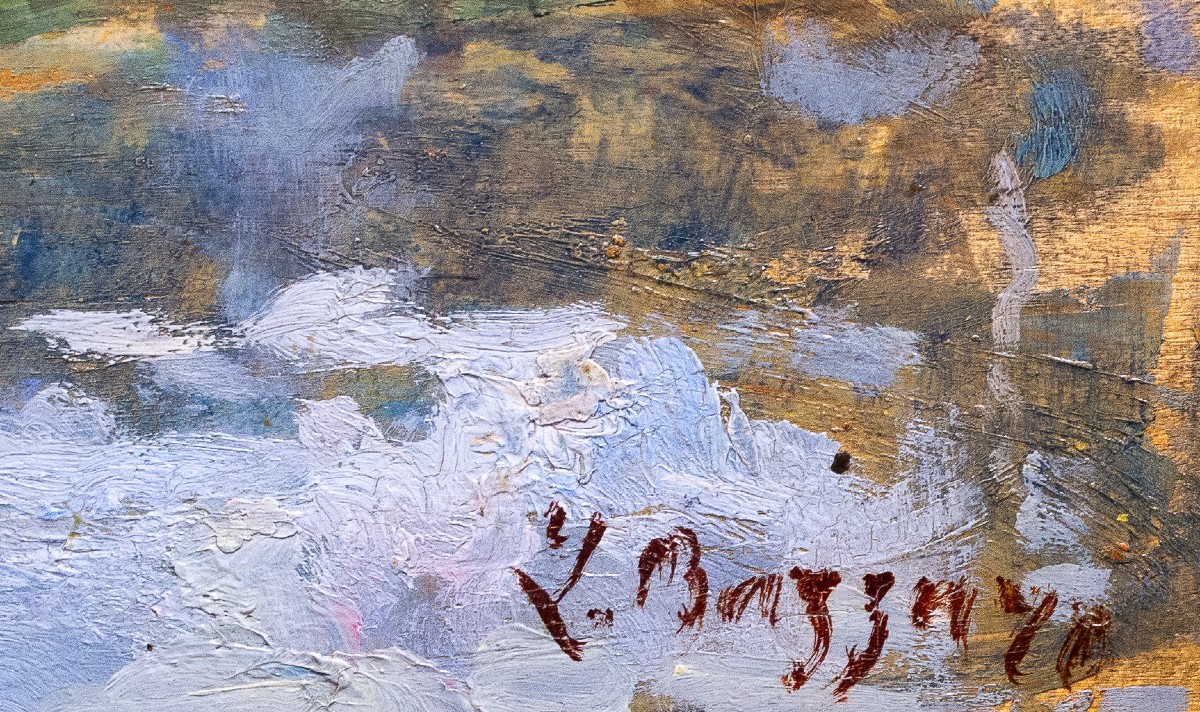 Leonardo Bazzaro, "paysage Rural", Huile Sur Panneau, Signée, Début Du 20e Siècle-photo-3