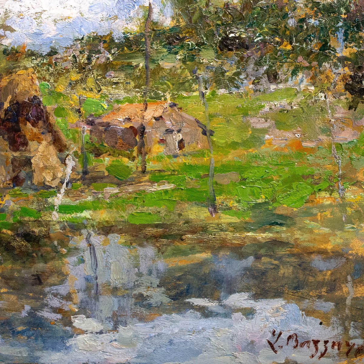 Leonardo Bazzaro, "paysage Rural", Huile Sur Panneau, Signée, Début Du 20e Siècle-photo-2