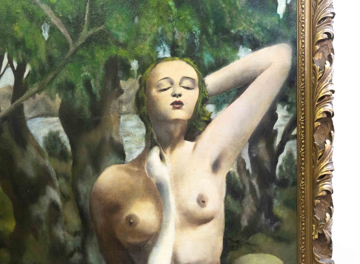 « Léda Et Le Cygne », Huile Sur Toile, Peinture Surréaliste, 20e Siècle-photo-3