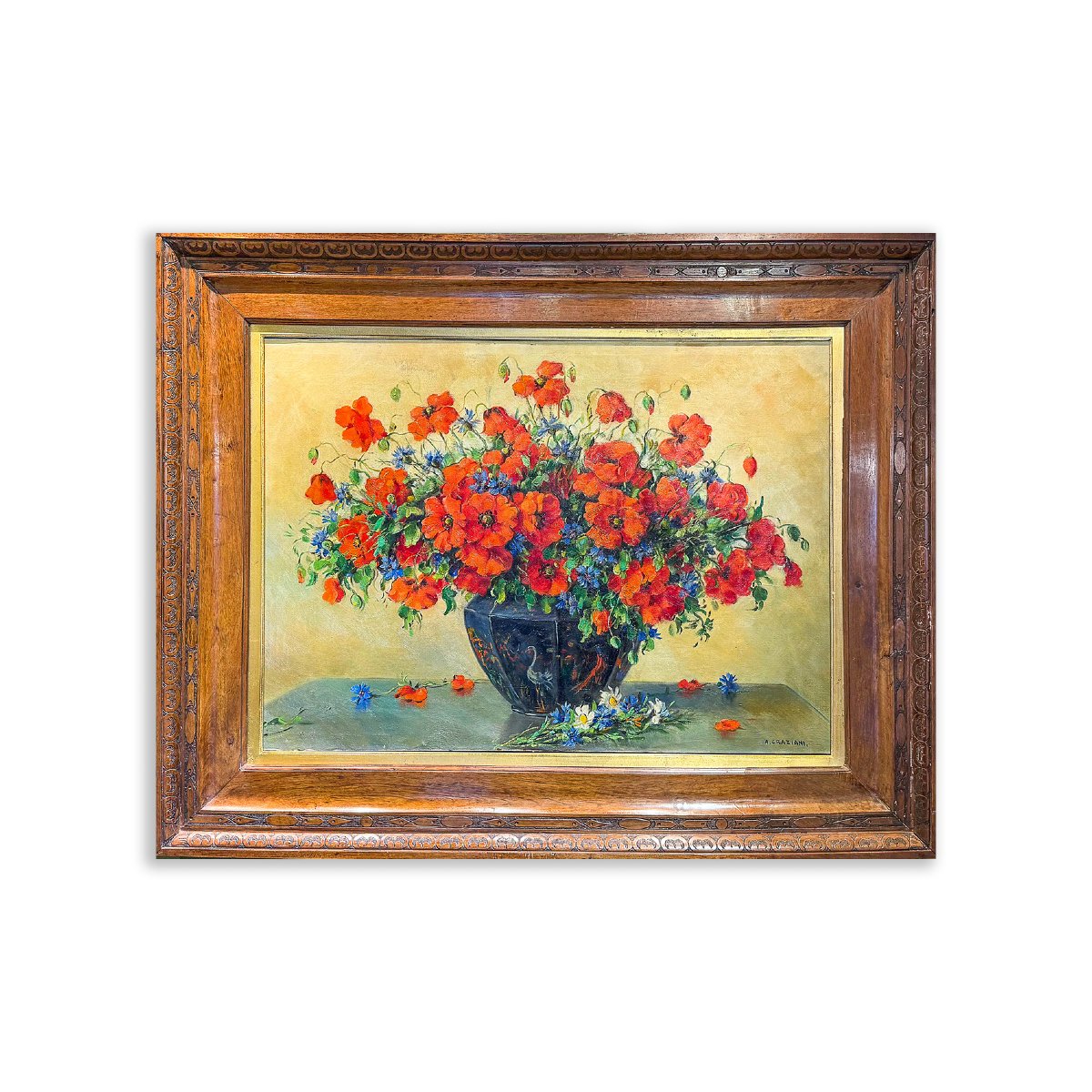 Alfio Paolo Graziani, "vase Of Flowers," Oil On Canvas, 1900s Era-photo-2