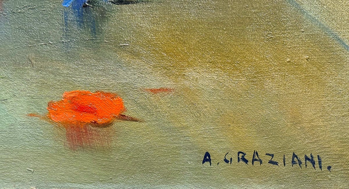 Alfio Paolo Graziani, "vase Of Flowers," Oil On Canvas, 1900s Era-photo-3