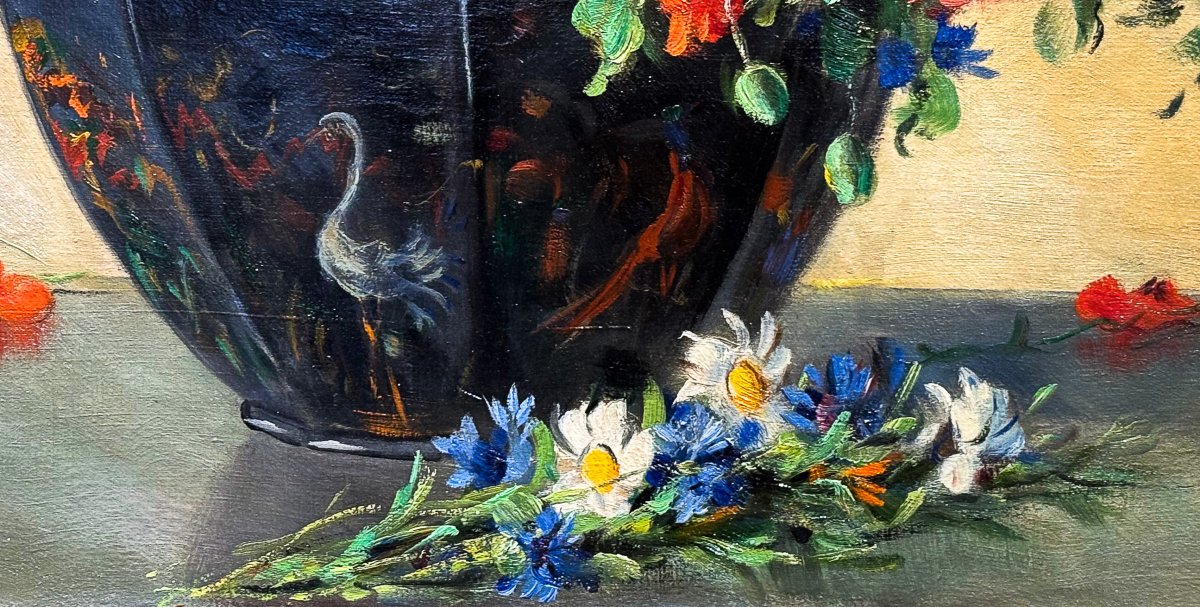 Alfio Paolo Graziani, "vase Of Flowers," Oil On Canvas, 1900s Era-photo-1