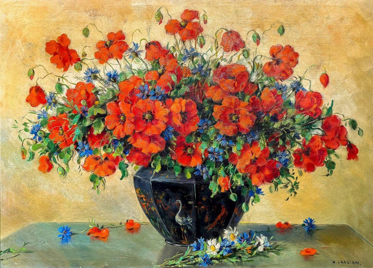 Alfio Paolo Graziani, "vase Of Flowers," Oil On Canvas, 1900s Era