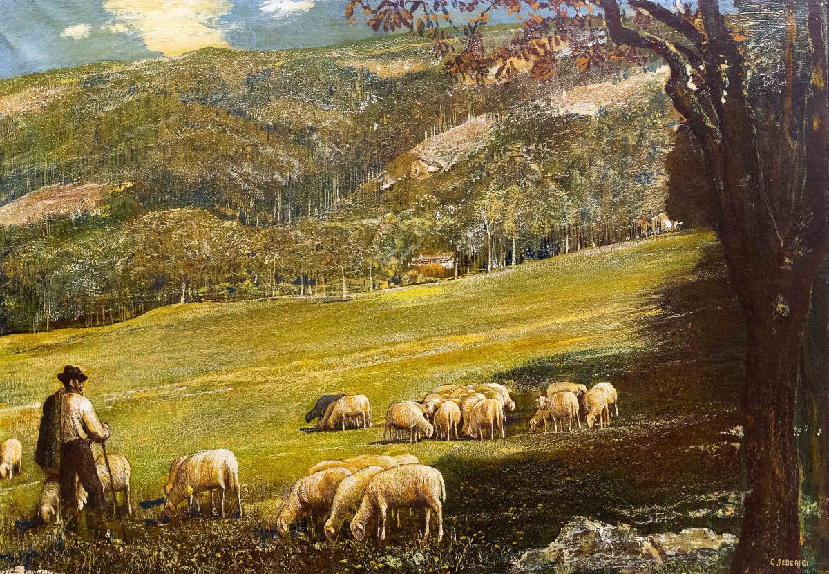 Gino Federici, « Berger Avec Son Troupeau », Huile Sur Toile, Signée, 20e Siècle