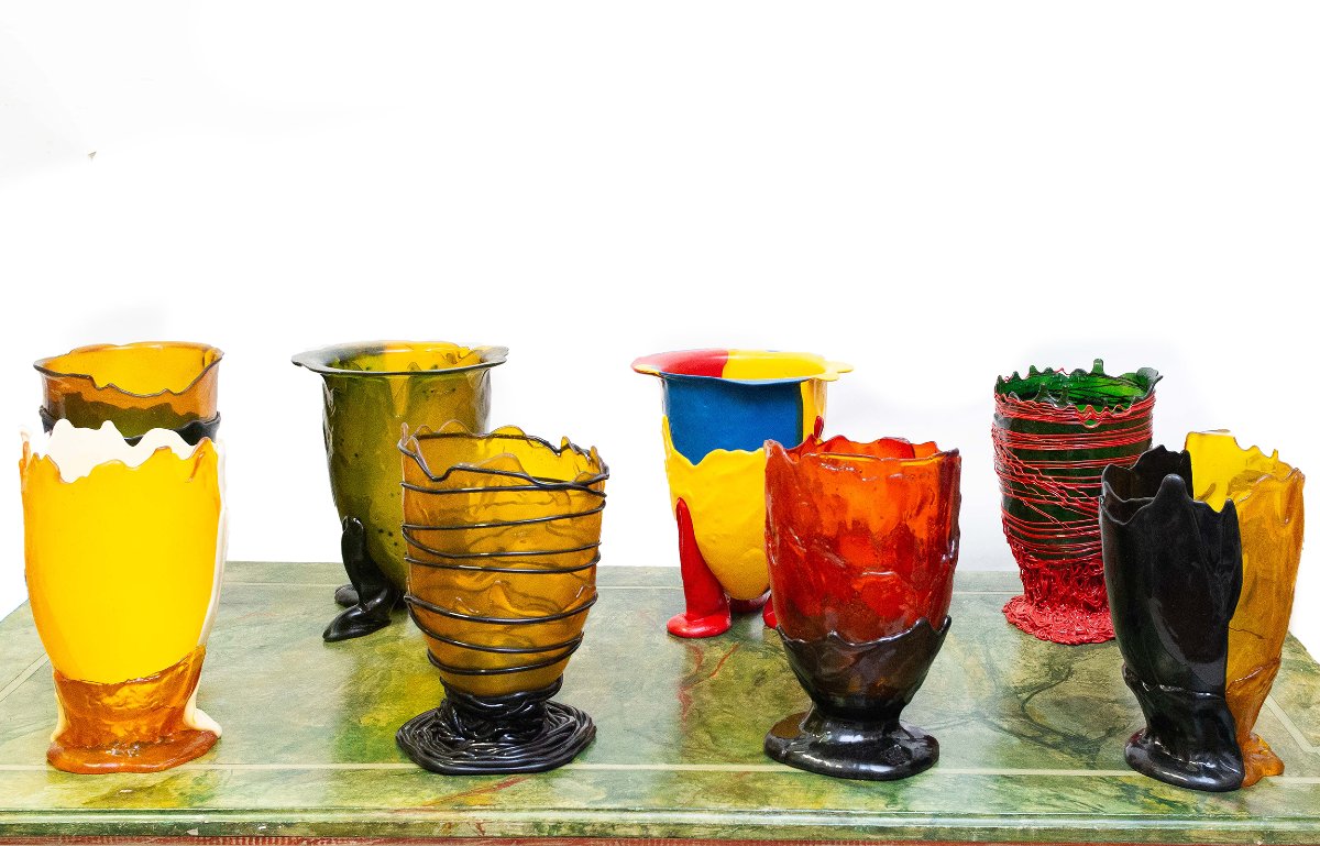 Gaetano Pesce Pour Fish Design, Ensemble De 8 Vases, 1995, Signé-photo-2