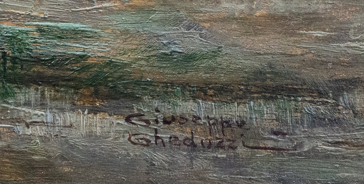 Giuseppe Gheduzzi, "Valtournenche", huile sur contreplaqué, époque 20e siècle-photo-3