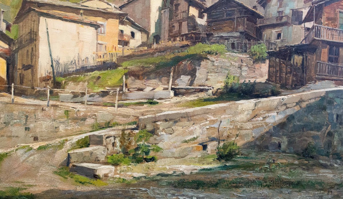 Giuseppe Gheduzzi, "Valtournenche", huile sur contreplaqué, époque 20e siècle-photo-2