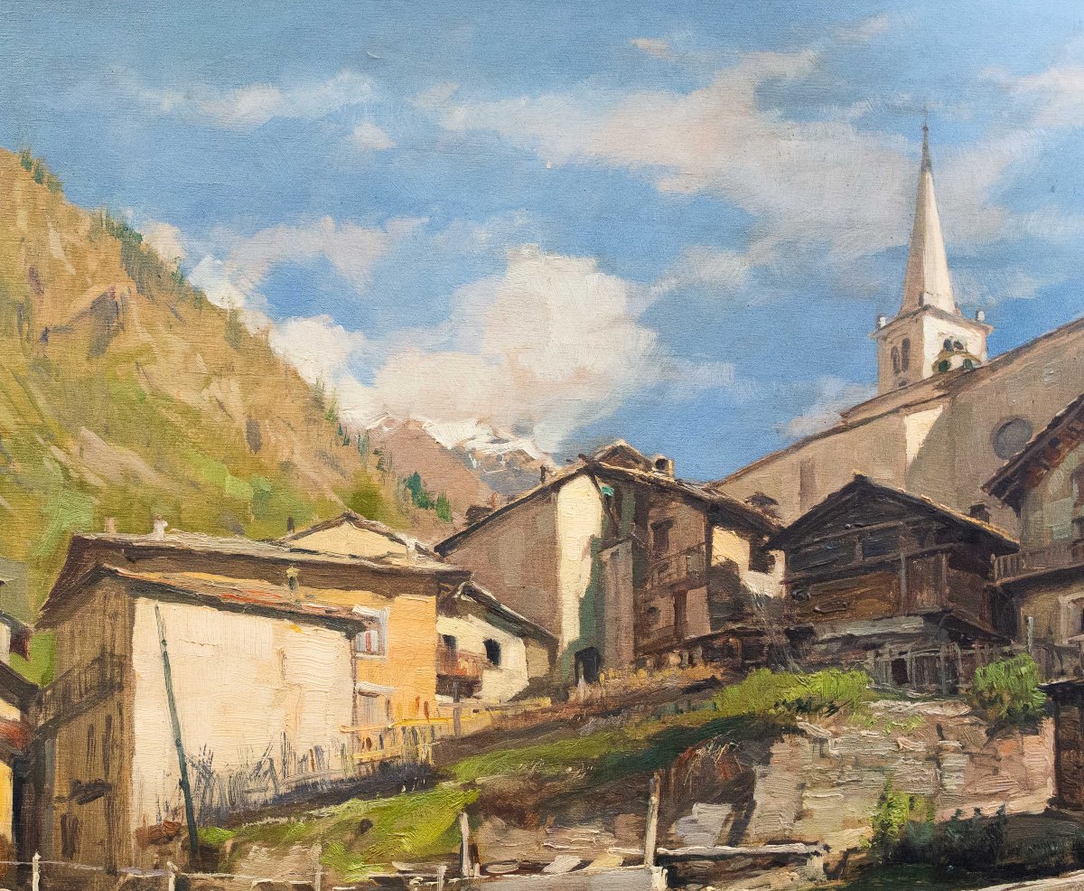 Giuseppe Gheduzzi, "Valtournenche", huile sur contreplaqué, époque 20e siècle-photo-3