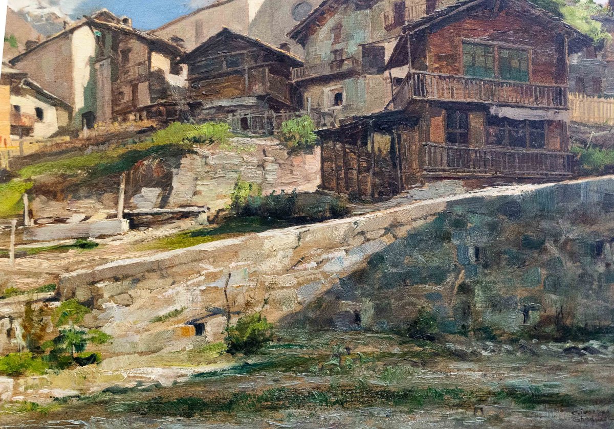 Giuseppe Gheduzzi, "Valtournenche", huile sur contreplaqué, époque 20e siècle-photo-4