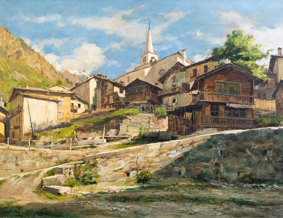 Giuseppe Gheduzzi, "Valtournenche", huile sur contreplaqué, époque 20e siècle