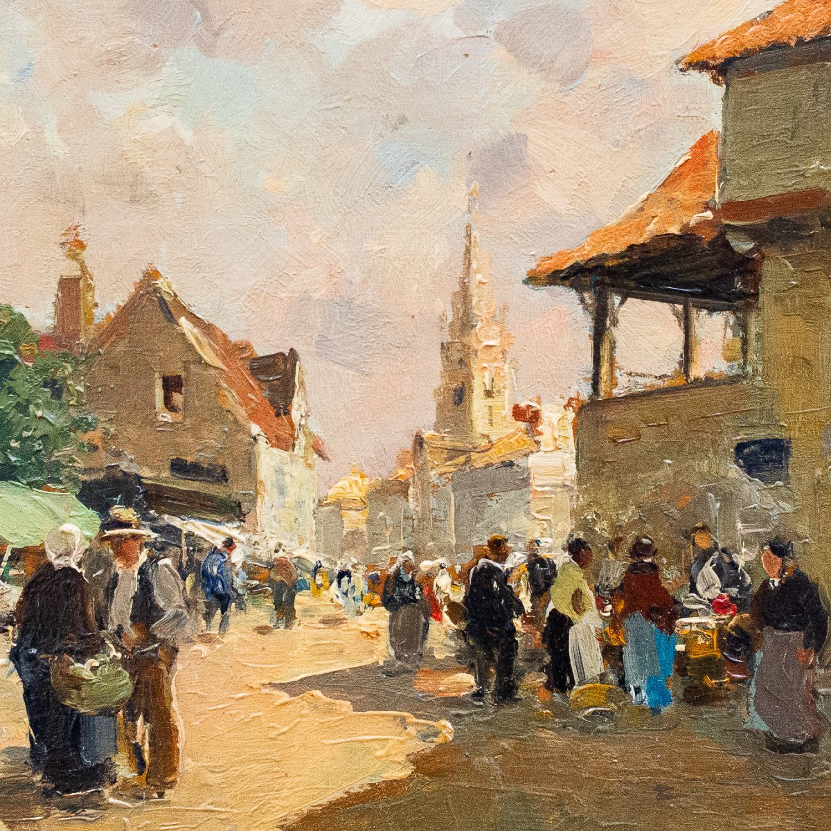 Paul émile Lecomte, “market Scene,” Oil On Panel, 20th Century Era-photo-1