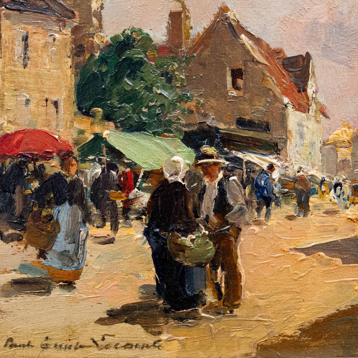 Paul émile Lecomte, “market Scene,” Oil On Panel, 20th Century Era-photo-3