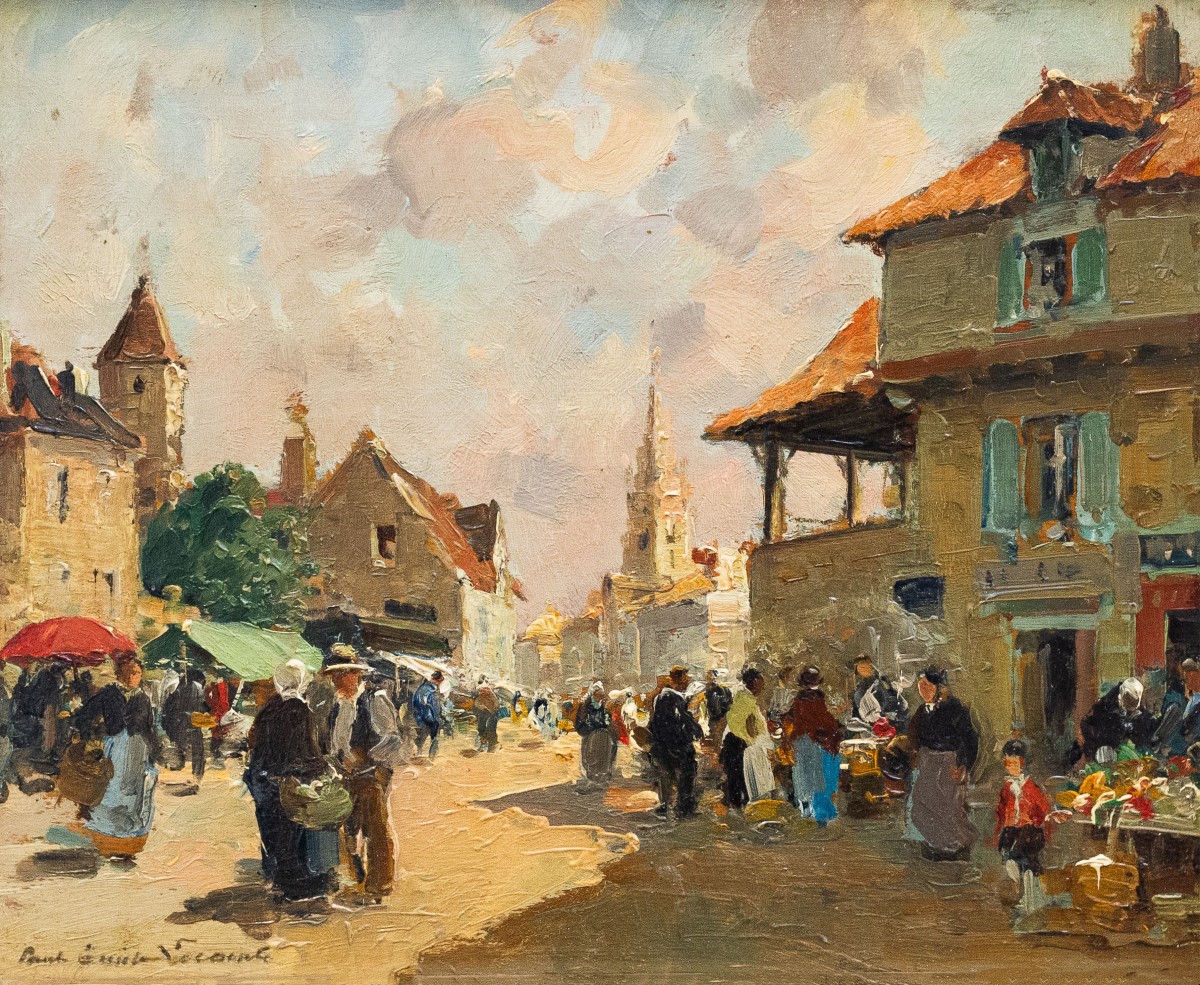 Paul émile Lecomte, “market Scene,” Oil On Panel, 20th Century Era
