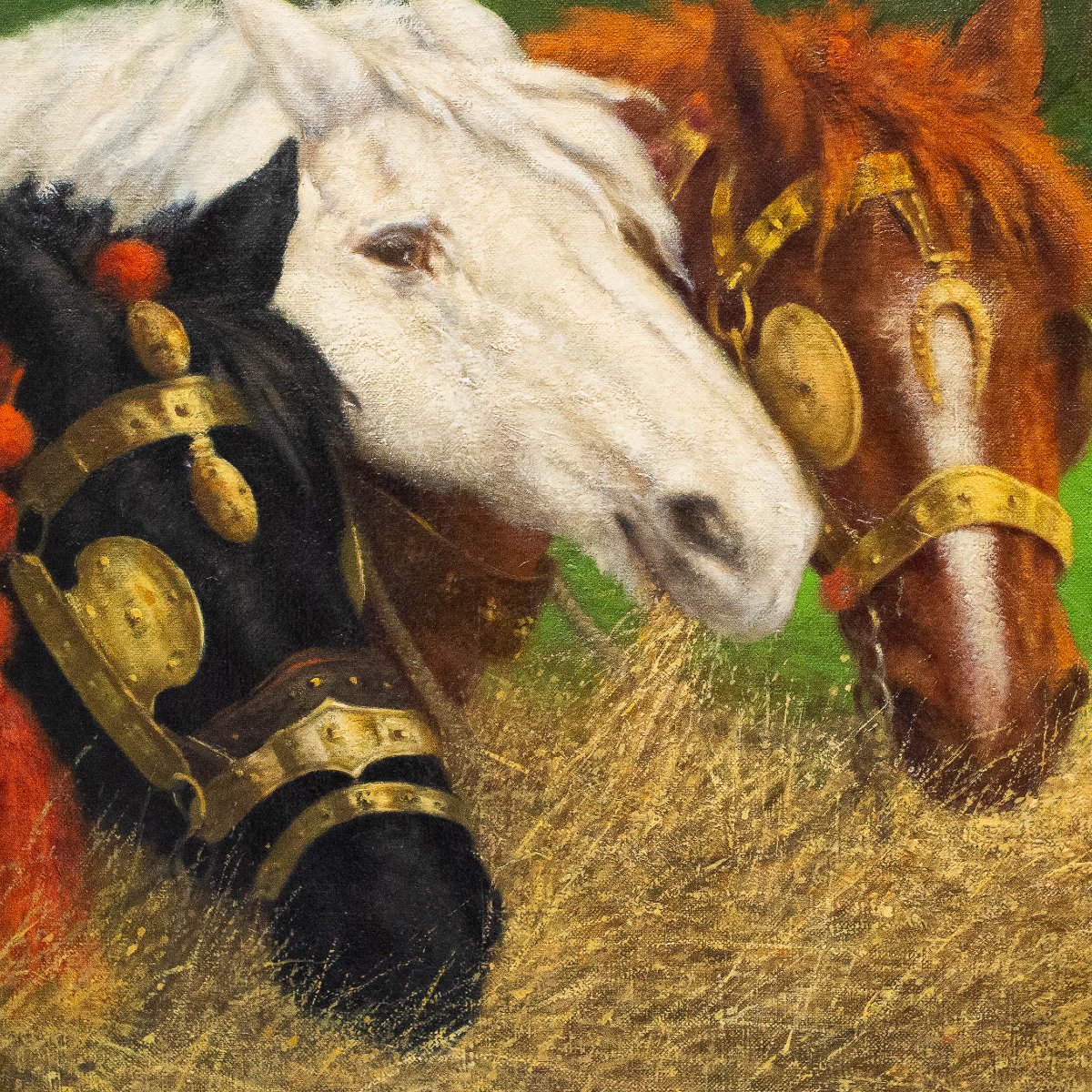 Repos dans les champs - Scène équestre avec chevaux de trait, huile sur toile,  Début du 20eXXe-photo-3