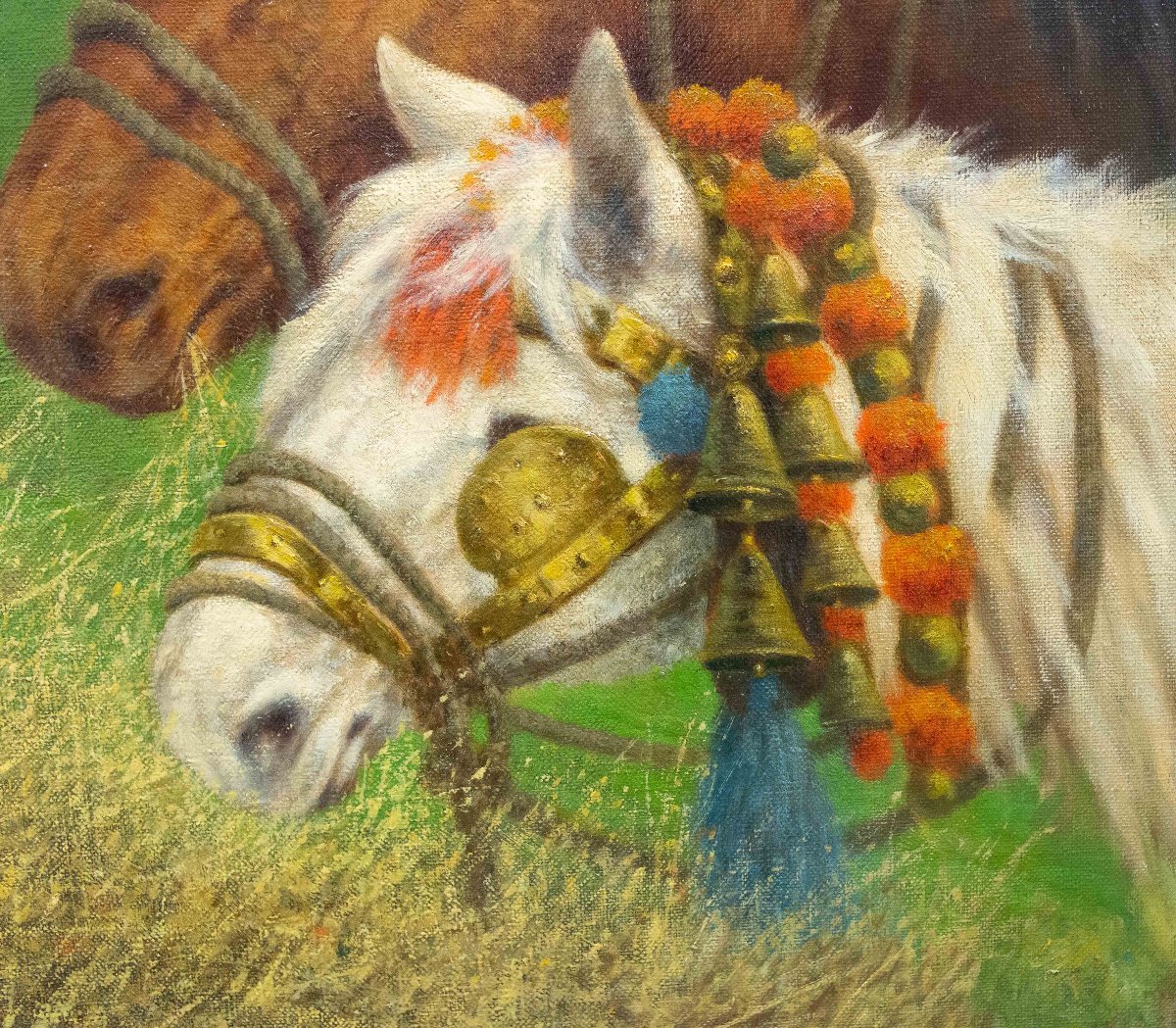 Repos dans les champs - Scène équestre avec chevaux de trait, huile sur toile,  Début du 20eXXe-photo-3