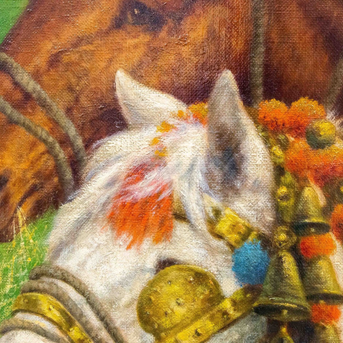 Repos dans les champs - Scène équestre avec chevaux de trait, huile sur toile,  Début du 20eXXe-photo-6