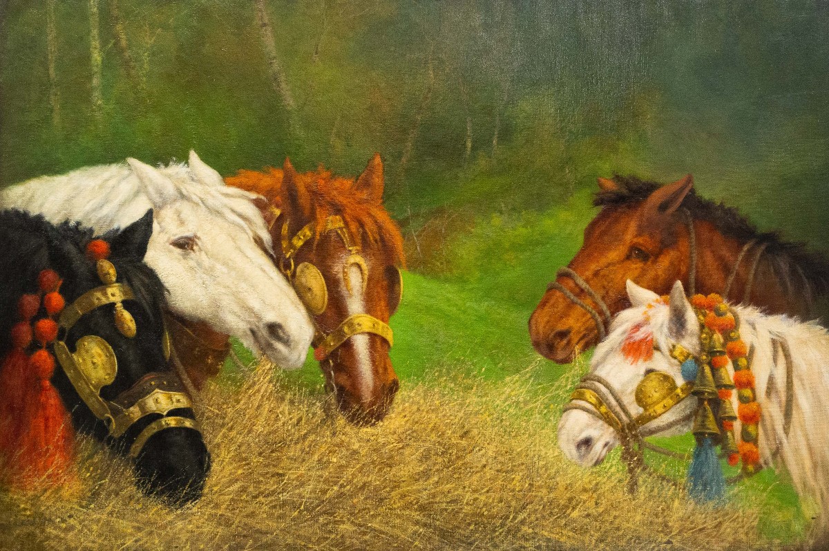 Repos dans les champs - Scène équestre avec chevaux de trait, huile sur toile,  Début du 20eXXe