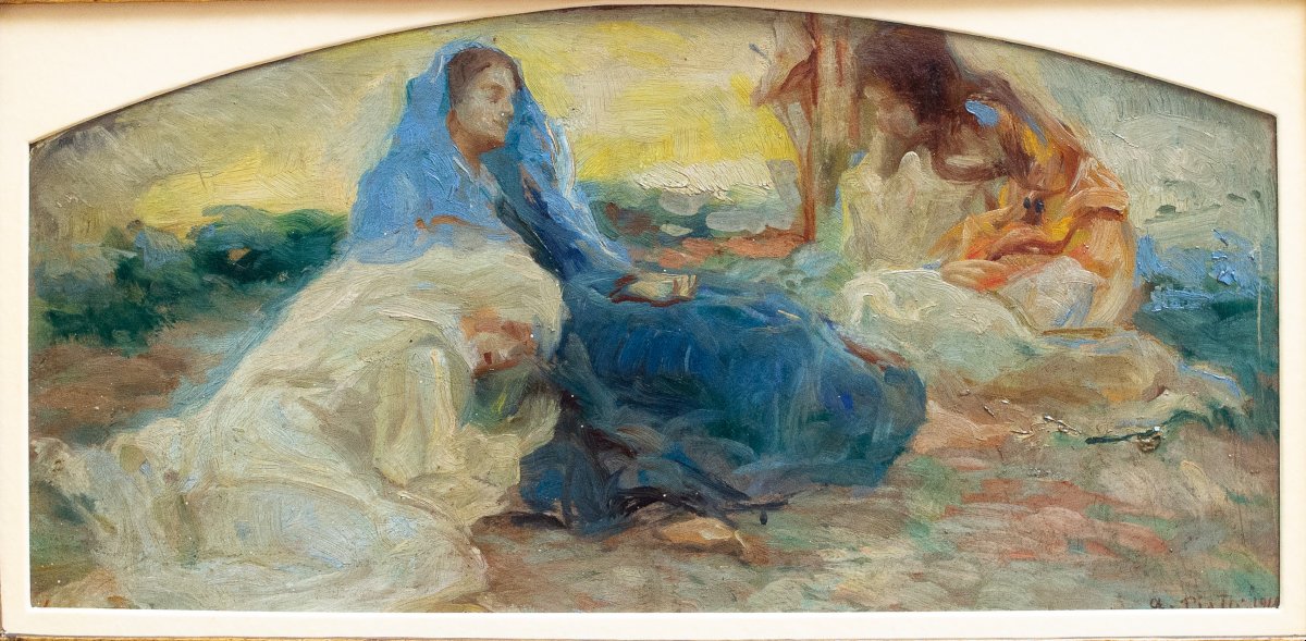 Antonio Piatti, “stabat Mater,” Oil On Cardboard, Signed, 1918-photo-1