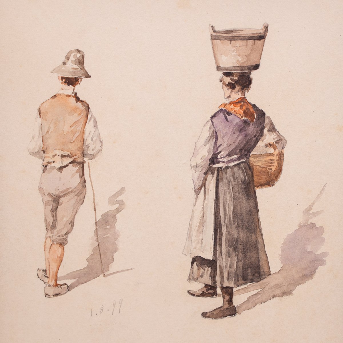 Lorenzo Delleani, “popular Figures,” Watercolor On Paper, 1.8.1899-photo-2