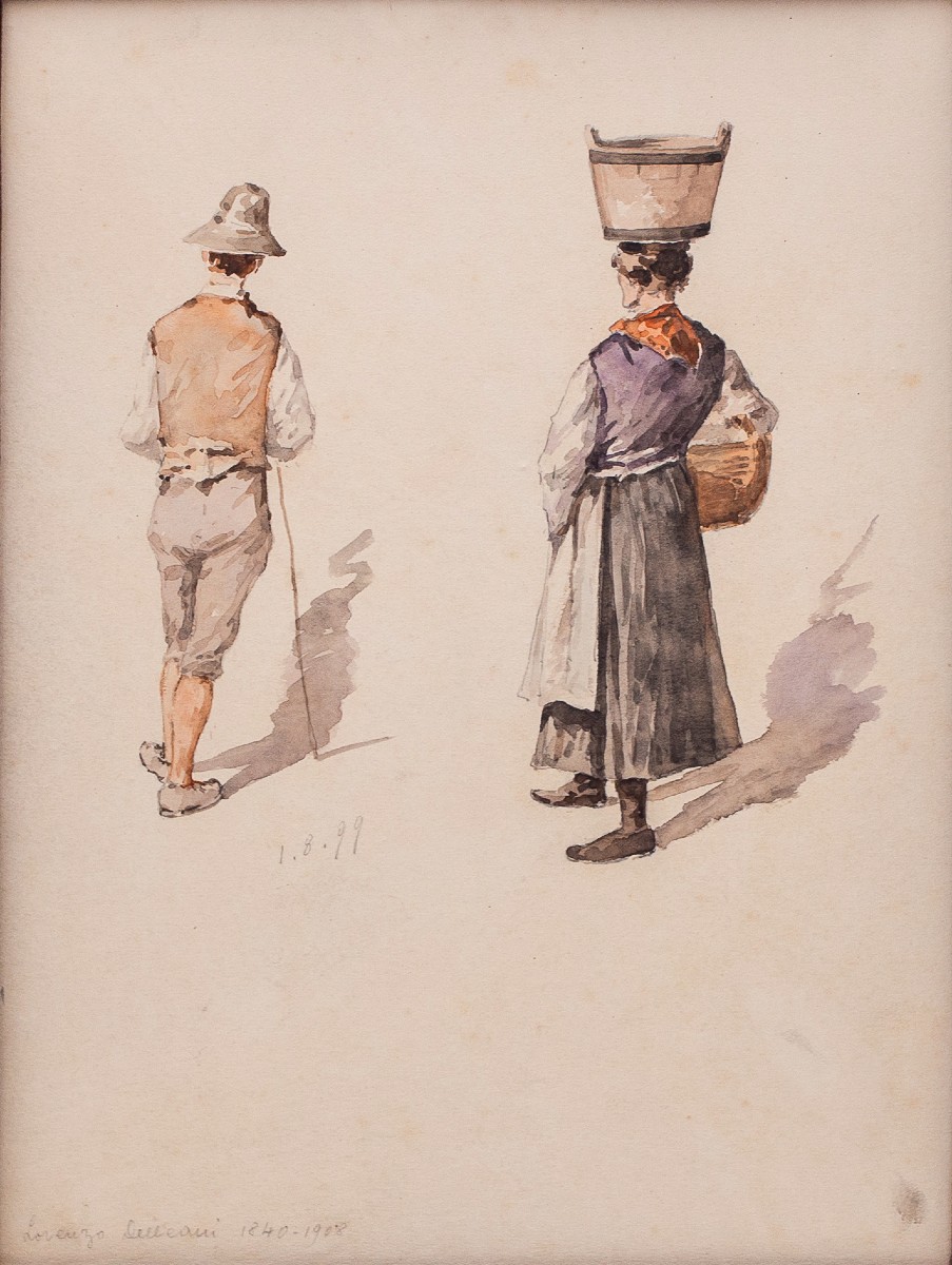 Lorenzo Delleani, “popular Figures,” Watercolor On Paper, 1.8.1899