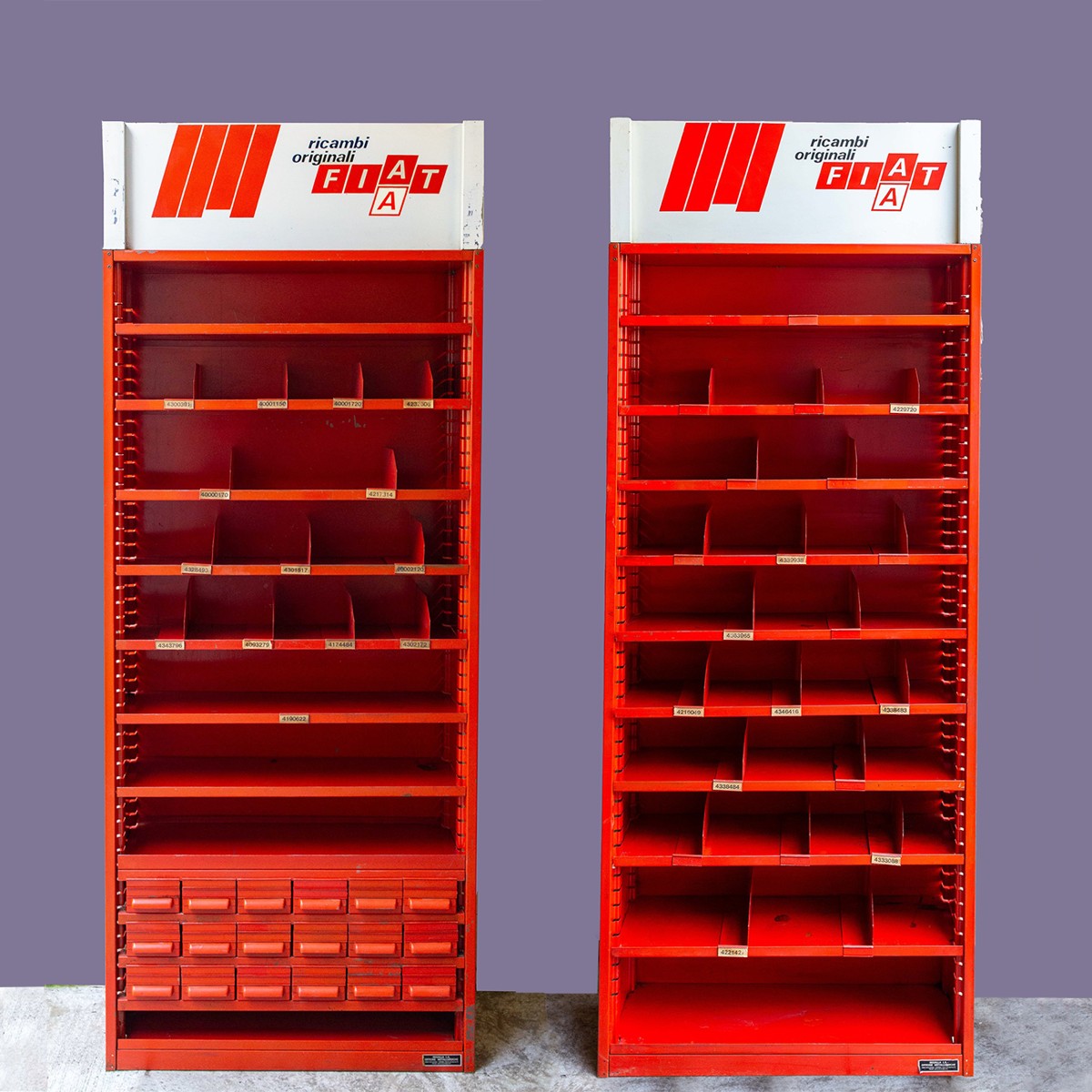 Pair Of Workshop Shelving - Fiat Original Spare Parts (1980s-'90s)