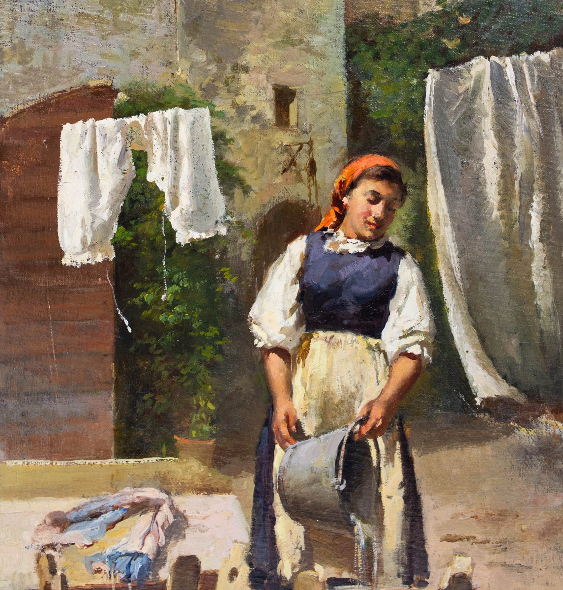 Antonio Milone, "La lavandière", huile sur toile, années 1940-photo-1