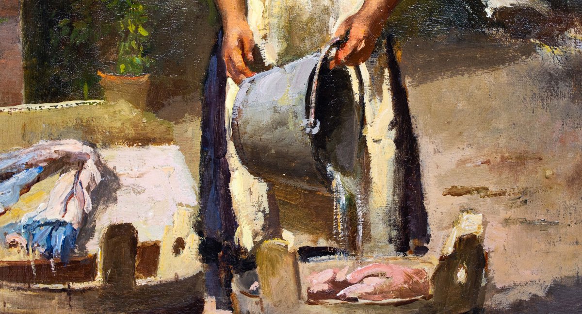 Antonio Milone, "La lavandière", huile sur toile, années 1940-photo-5
