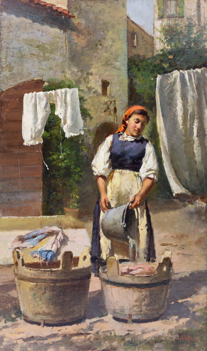 Antonio Milone, "La lavandière", huile sur toile, années 1940