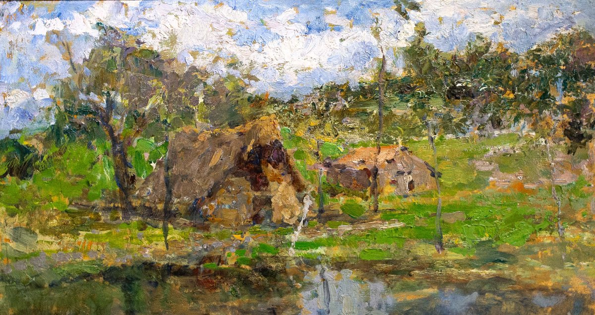 Leonardo Bazzaro, "rural Landscape," Oil On Panel, Signed, Early 20th Century-photo-2