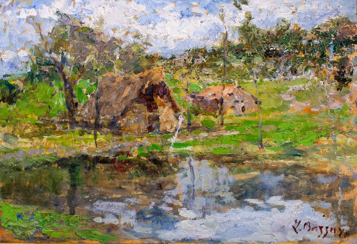 Leonardo Bazzaro, "rural Landscape," Oil On Panel, Signed, Early 20th Century-photo-4