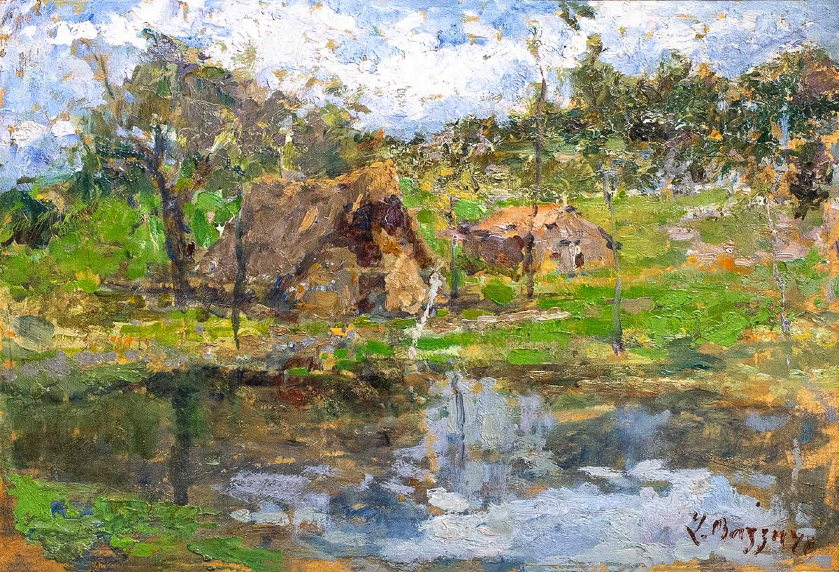 Leonardo Bazzaro, "rural Landscape," Oil On Panel, Signed, Early 20th Century