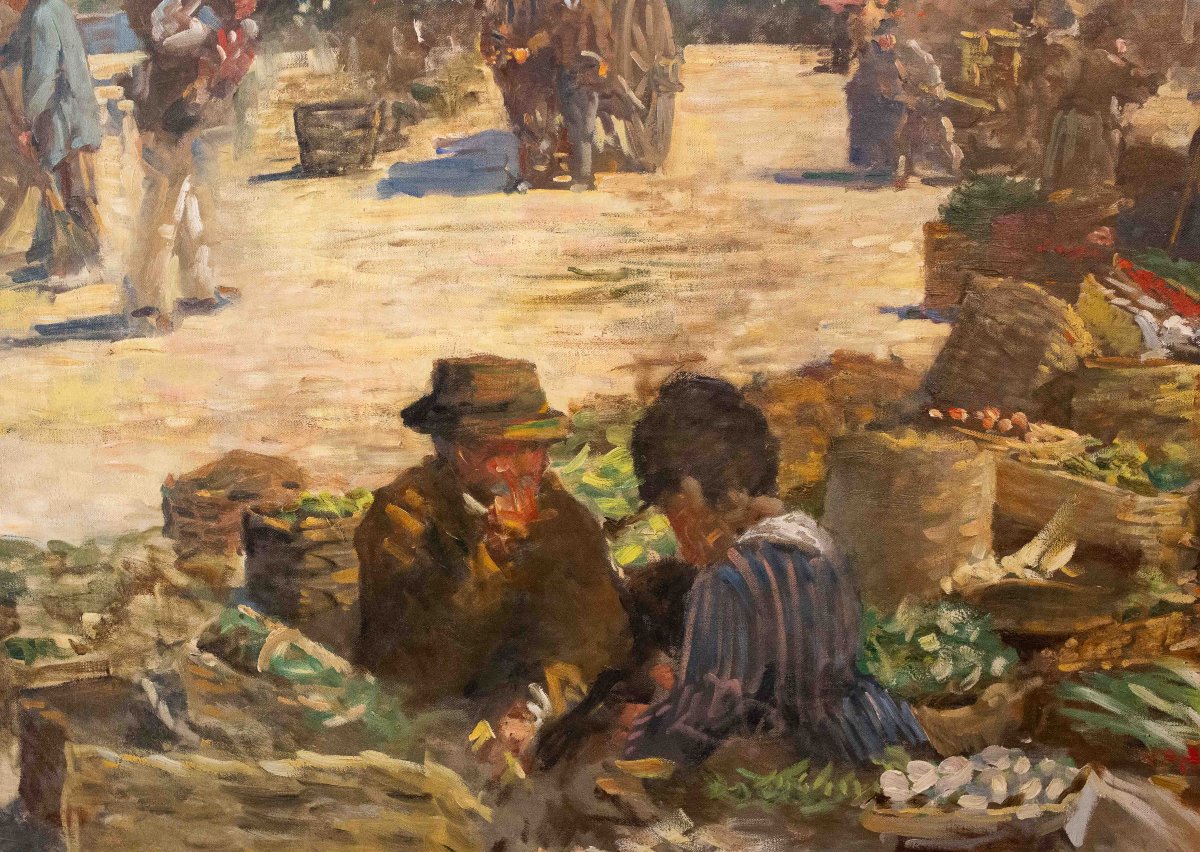 Pugliese Levi Clemente, « Mercato di Porta Palazzo » - Turin, huile sur toile, signée, 1920-photo-2