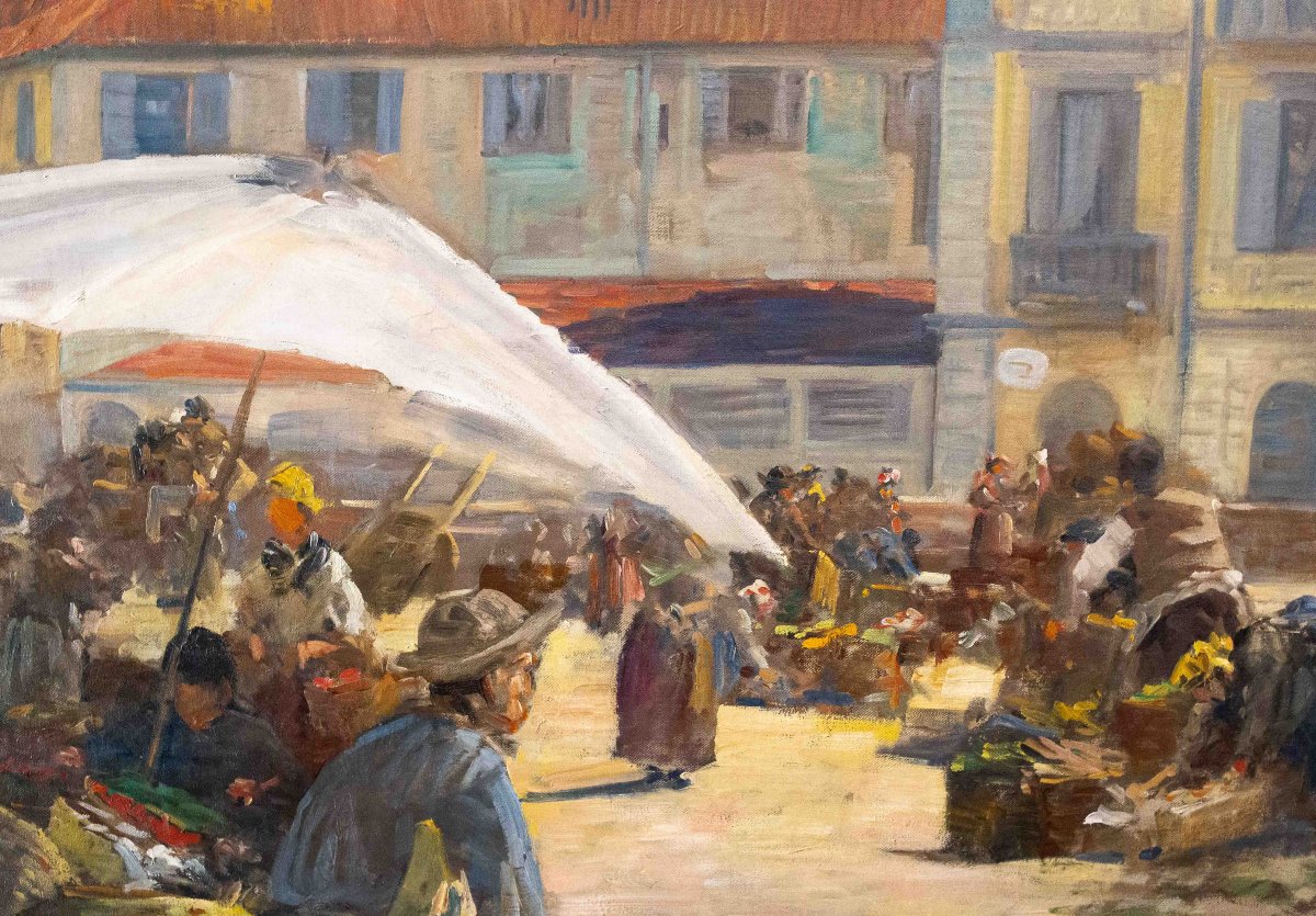 Pugliese Levi Clemente, « Mercato di Porta Palazzo » - Turin, huile sur toile, signée, 1920-photo-3